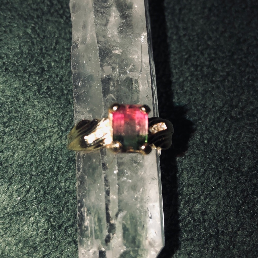 Emerald cut watermelon tourmaline in 14 y gold